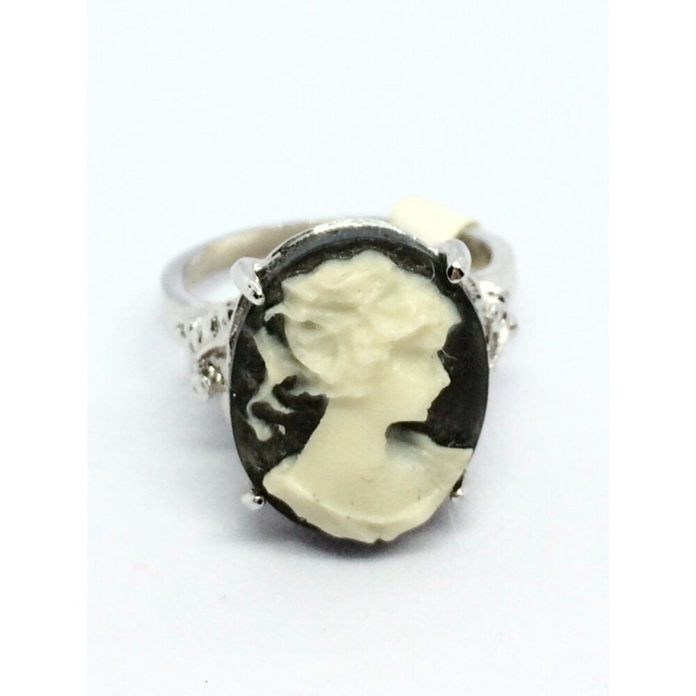 Vintage Cameo Ring 14k GE Silver Tone Resin Black Statement Lady 6.75 - Picture 2 of 15